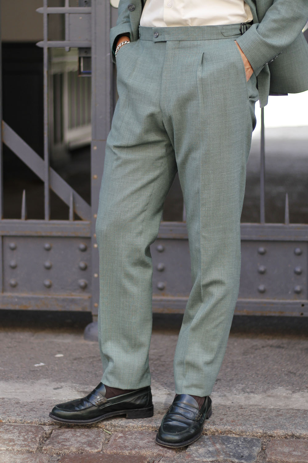 Dobbeltradet lysegrøn bukser højtaljede brede bukser med pænt fald