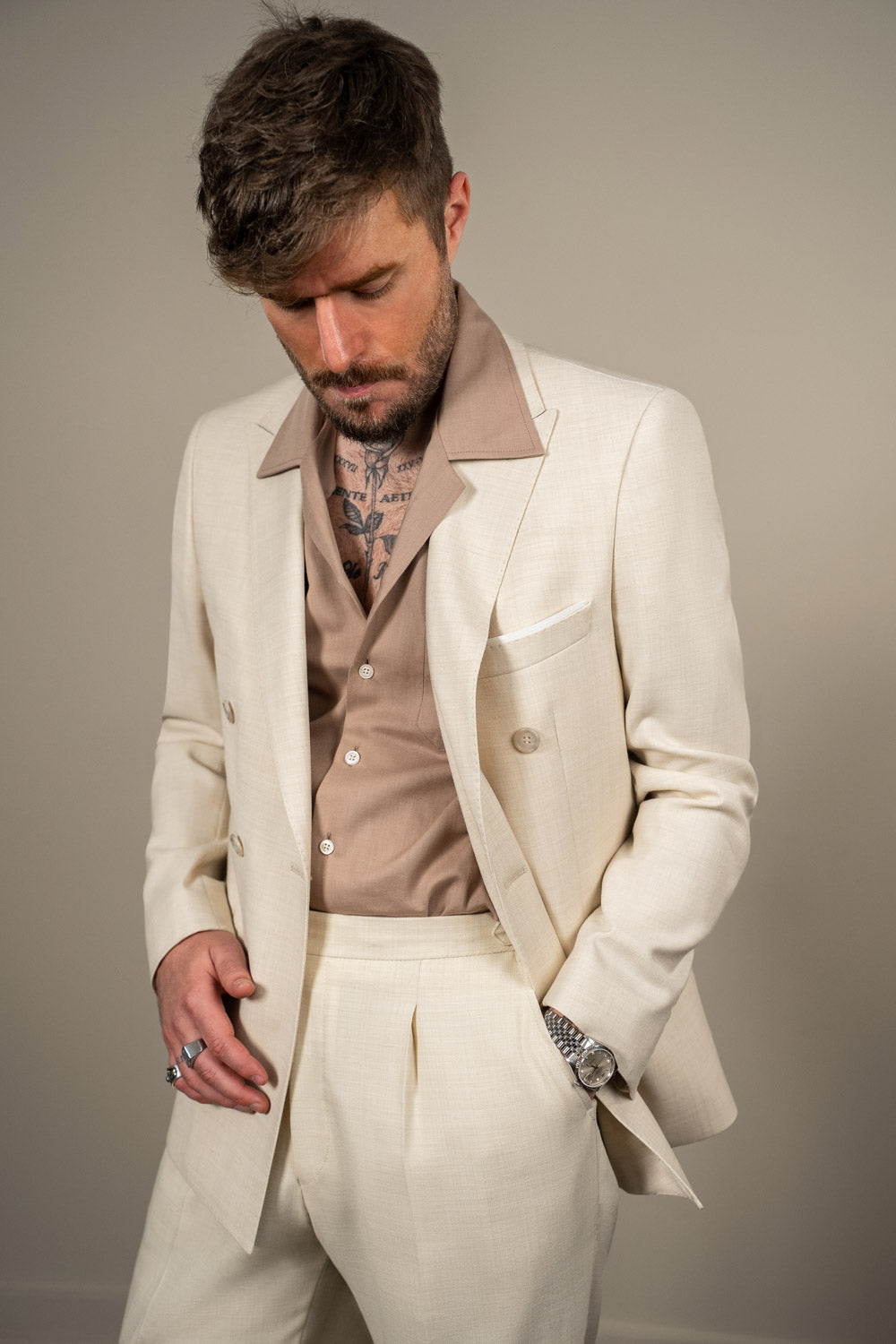 Jakkesæt – Dobbeltradet - Uld/Hør - Elfenben