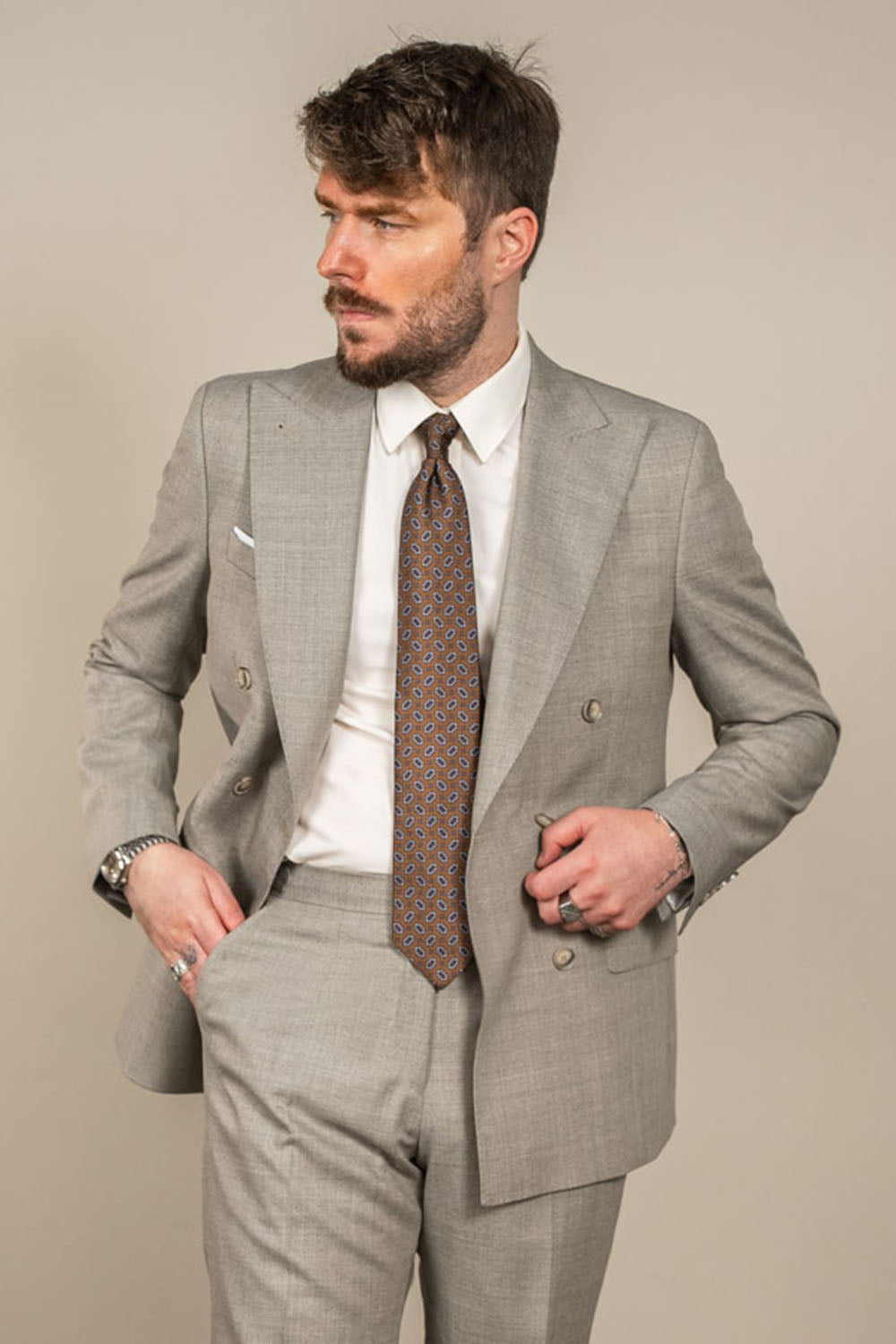 Jakkesæt – Dobbeltradet - Uld – VBC - Sand Melange