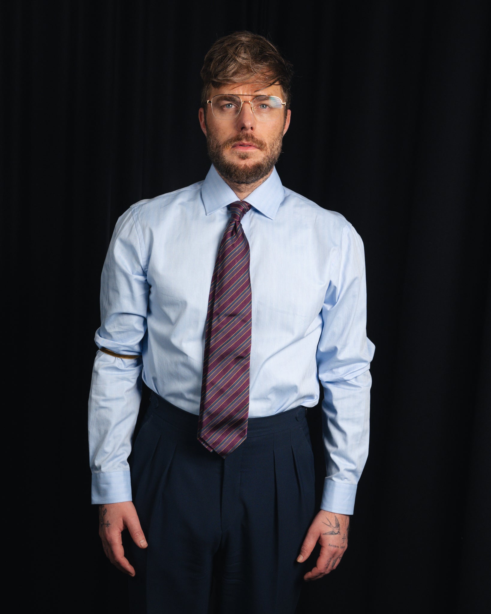 Ante - Poplin - Cutaway Collar - Light Blue Herringbone