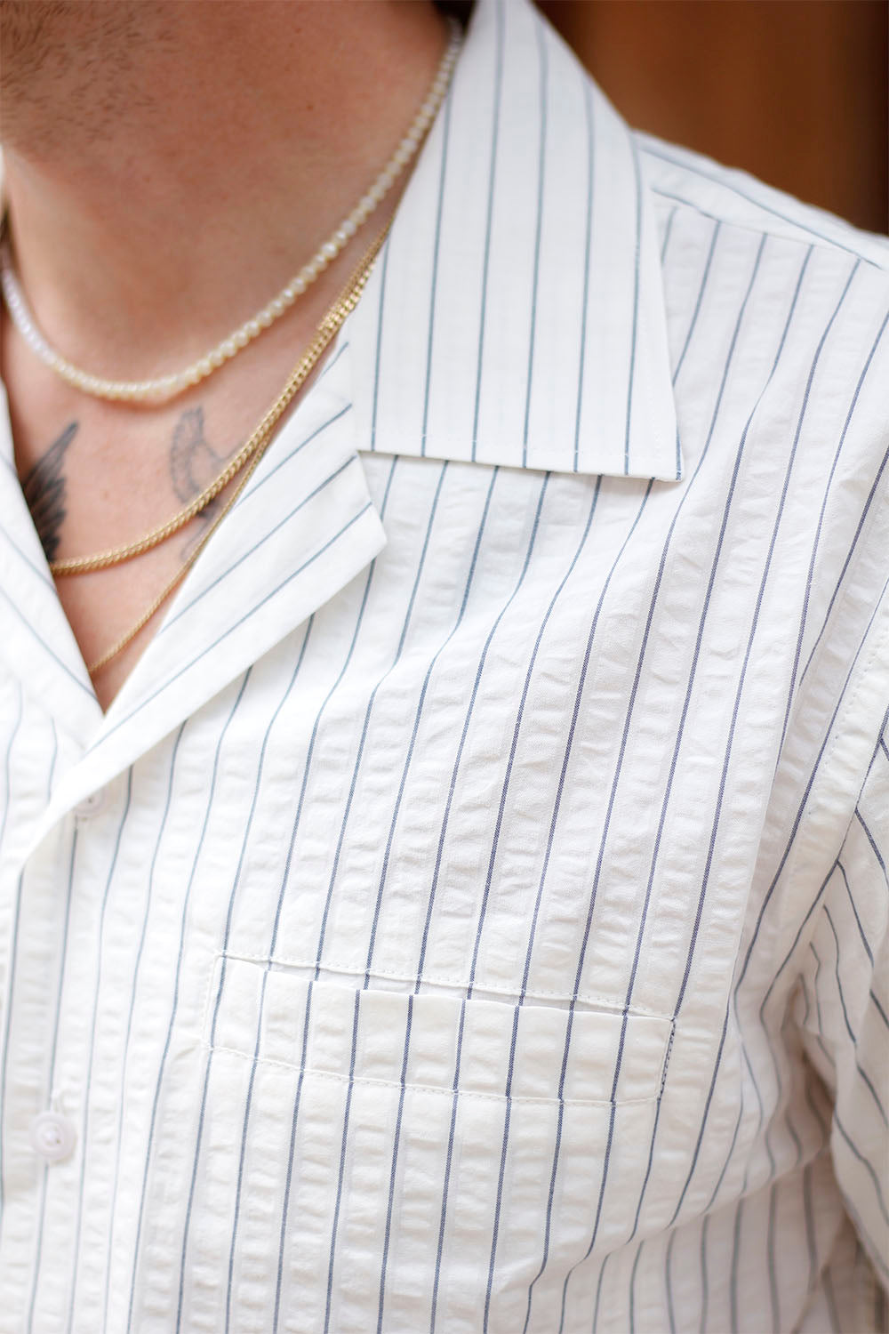 Ante - Seersucker - Short Sleeve - White/Blue Striped - Revere